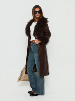 Adeliah Faux Fur Longline Jacket Brown