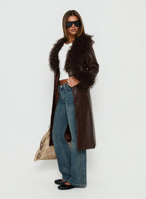 Adeliah Faux Fur Longline Jacket Brown
