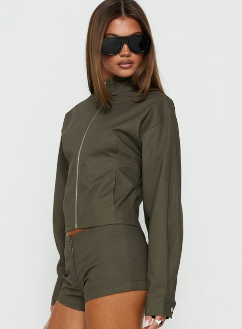 Avorie High Neck Cinched Jacket Khaki