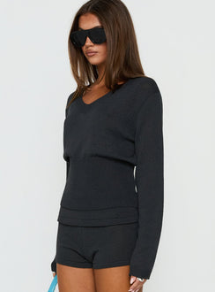 Elsari Cinched Waist V Neck Knit Sweater Charcoal