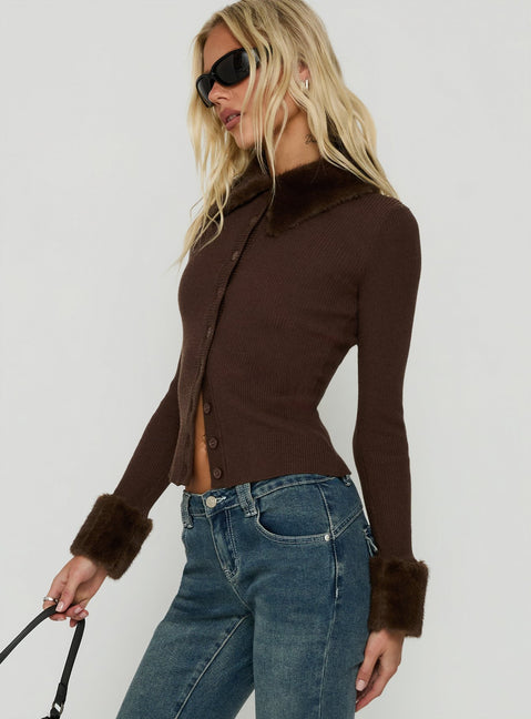 Chiqueeta Faux Fur Trim Knit Cardigan Chocolate