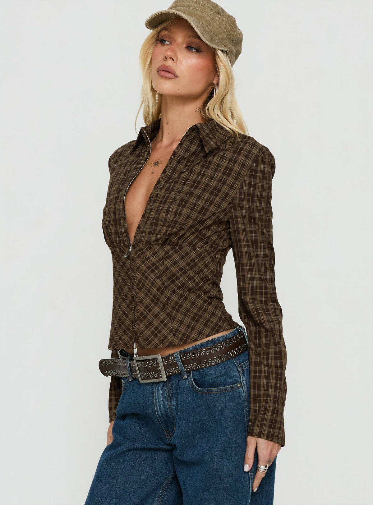 Kinori Long Sleeve Zip Down Top Brown Check
