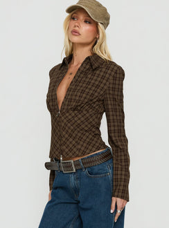 Kinori Long Sleeve Zip Down Top Brown Check