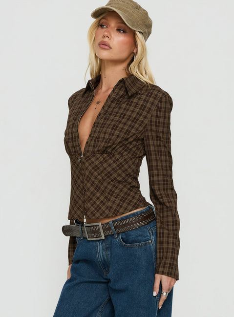 Kinori Long Sleeve Zip Down Top Brown Check