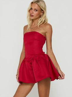 Soft Bloom Drop Waist Strapless Mini Dress Red