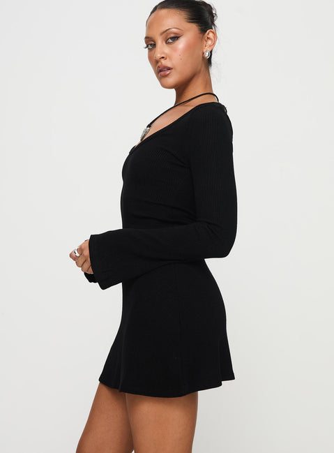 side view of model wearing Princess Polly Best Interest Long Sleeve Mini Dress Black Tall Scoop Neck 