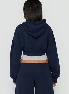 Designed with a hood, the Lanna Fleece Zip Through Cropped Hoodie Navy womens-jumpers in short length back view of model wearing Princess Polly