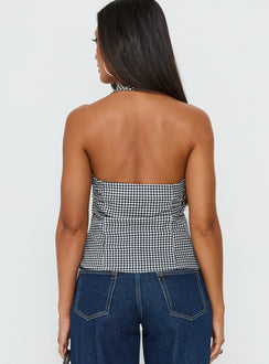 Puzzle Pieces Tie Detail Halter Top Black / White Gingham