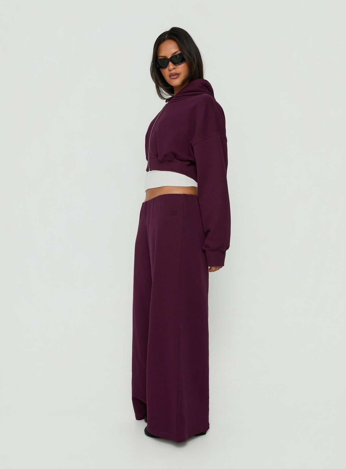Crafted from fleece Kaeya Wide Leg Low Rise Pants in Plum womens-regular-pants detail view of model wearing Princess Polly