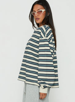 Styled in the Opollo V Neck Jumper Blue Multi Stripe womens-jumpers with oversized fit and long sleeves detail view of model wearing Princess Polly