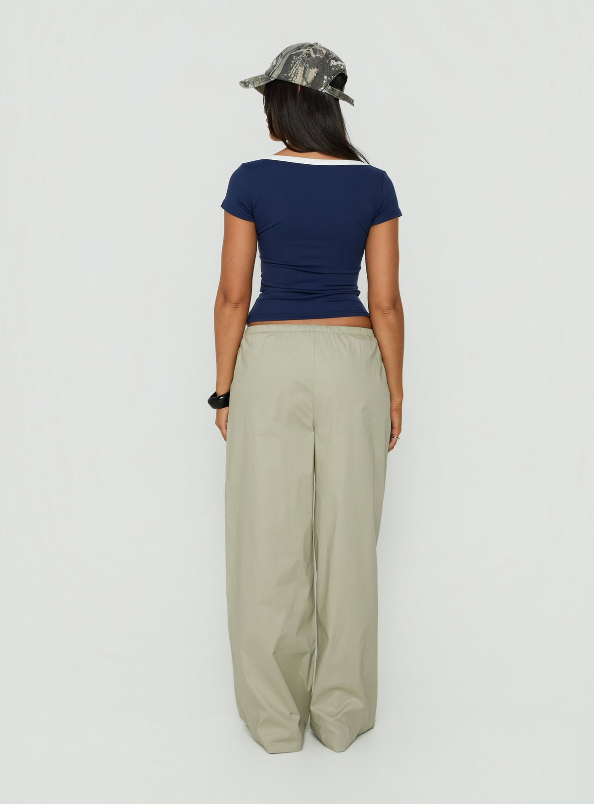 Designed with Toren Drawstring Straight Leg Pants Stone womens-regular-pants featuring mid-rise back view of model wearing Princess Polly