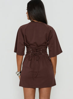 Enzia Raglan Lace Up Mini Dress Brown