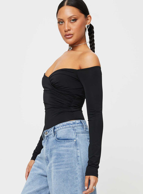 side view of model wearing Princess Polly Tarine Wrap Bodysuit Black Long Sleeve Tops Bodysuit 