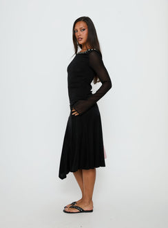   side view of model wearing Princess Polly Joaney Tie Side Jersey Midi Skirt Black Midi Skirts 