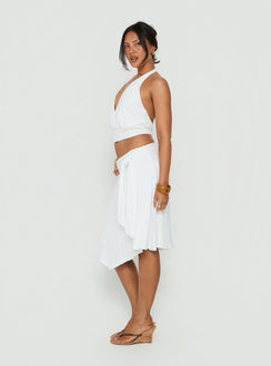 Featuring the Soft Focus Tie Waist Midi Skirt White womens-skirts in midi length with solid print and wrap detail side view of model wearing