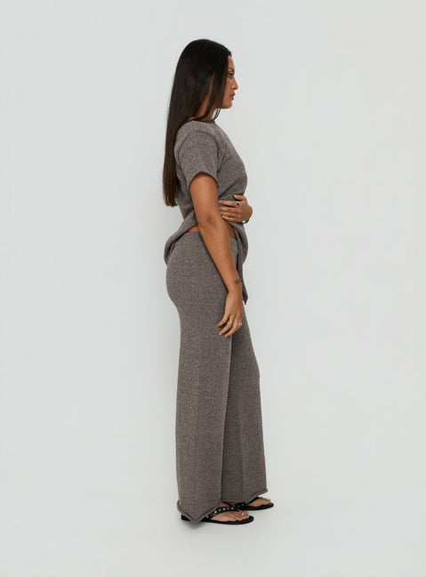 Styled Calisse Knit Wide Leg Pants Mocha womens regular pants with high-rise silhouette side view of model wearing Princess Polly
