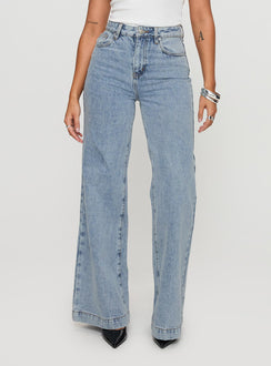 front view of model wearing Princess Polly Goldie High Wide Jean Light Wash High Waisted 
