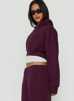 Featuring the Lanna Fleece Zip Through Cropped Hoodie in Plum, a short womens jumper with oversized fit and hood detail, front view of model wearing Princess Polly