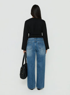 Featuring Serenitia Mid Rise Foldover Relaxed Jeans Vintage Mid Blue in womens-jeans with belt back view of model wearing Princess Polly
