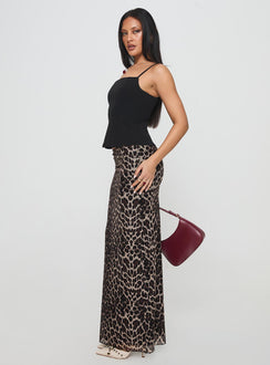   side view of model wearing Princess Polly Ergo Maxi Skirt Leopard Tall Maxi Skirts Skirts 