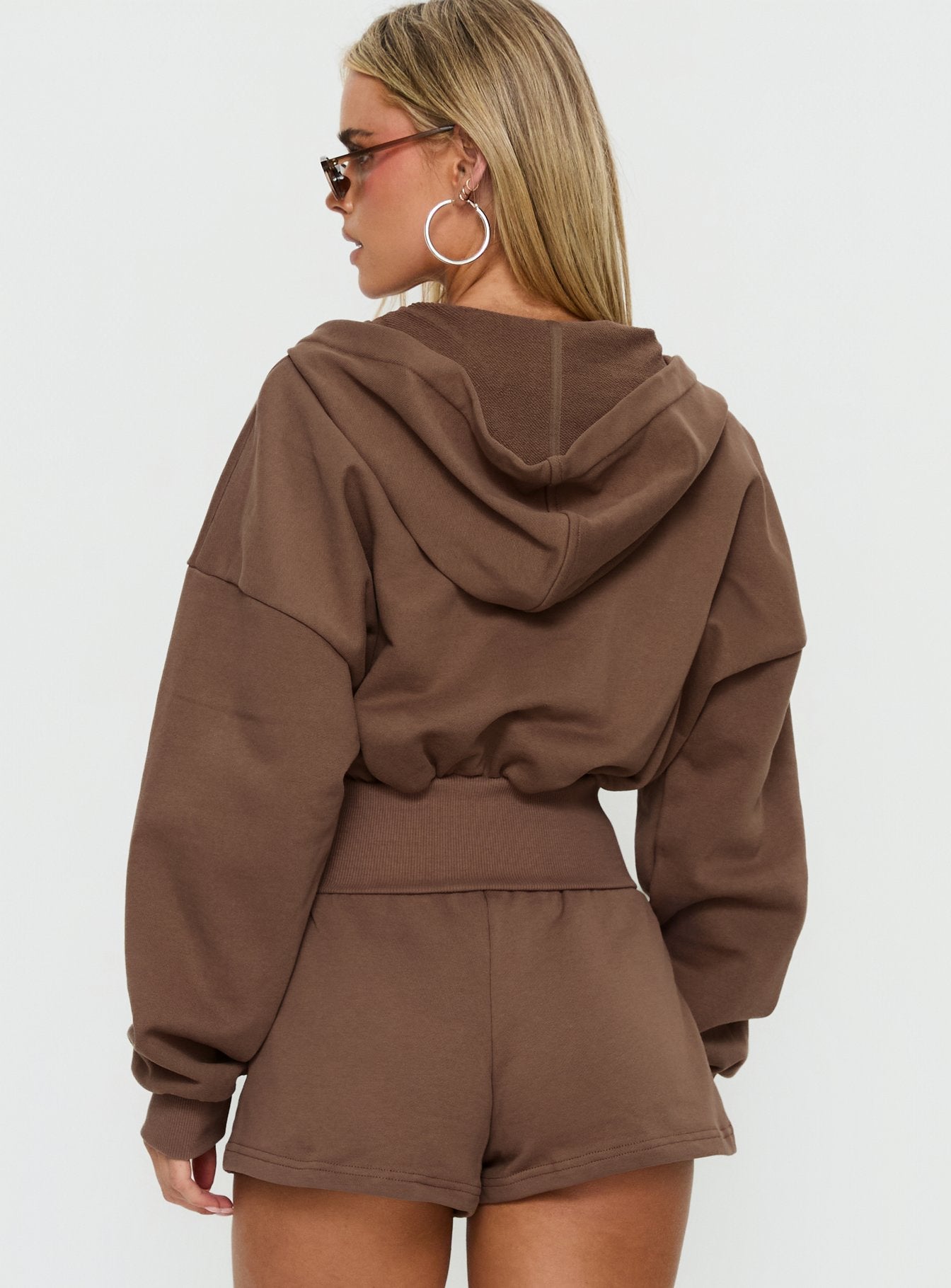 back view of model wearing Princess Polly Daytime Cropped Blouson Hoodie Cocoa 