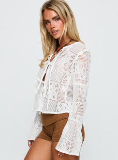 side view of model wearing Princess Polly Mine For Life Crochet Long Sleeve Top White Full Sleeves Crew Neck 