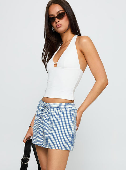 side view of model wearing Princess Polly Impress Me Halter Top White Full Sleeves Plunger 