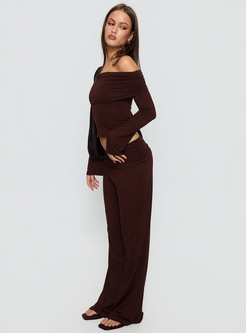 side view of model wearing Princess Polly Fawne Ruched Folded Pants Brown Mid Rise Pants 