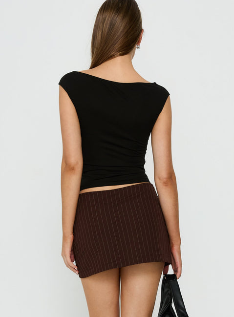 Designed with the Myrienne Belted Mini Skirt Brown Pinstripe womens skirts featuring stripe print back view of model wearing Princess Polly