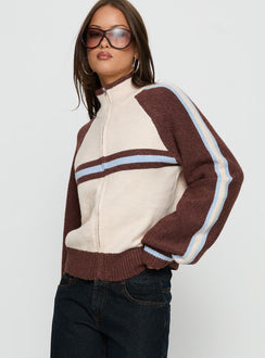 Explore the Lexanne Zip Through Knit Jumper Cream Multi womens-jumpers featuring short length front view of model wearing Princess Polly