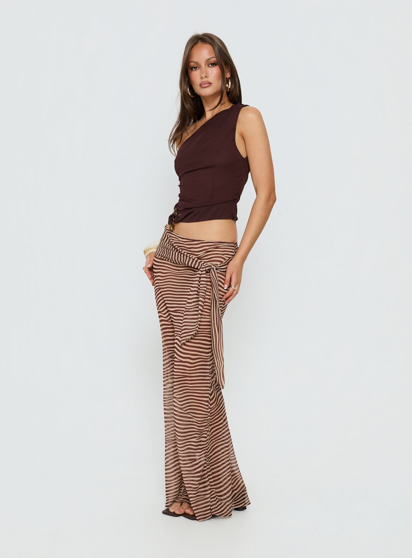   side view of model wearing Princess Polly True Spirit Chiffon Maxi Skirt Multi Maxi Skirts 