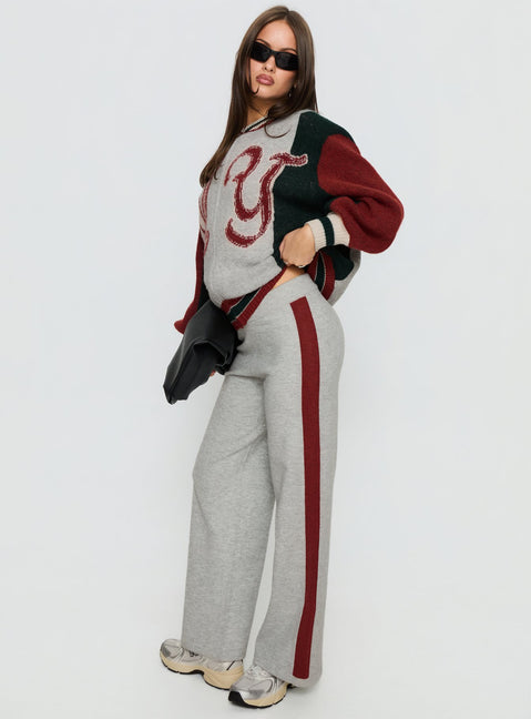 side view of model wearing Princess Polly Brandyce Straight Leg Knit Pants Grey / Red High Rise Pants Pants 