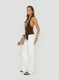 Crafted from Tidal Wave Low Rise Straight Leg Jeans Cream in womens-jeans with low-rise waist side view of model wearing Princess Polly