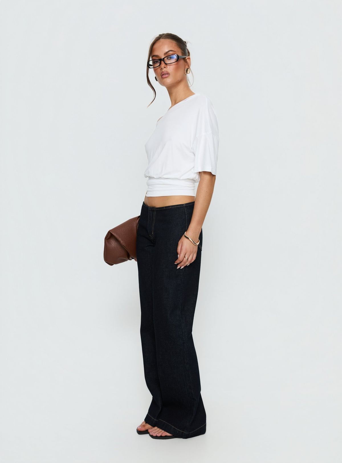 Designed with Buenos No Waist Low Rise Straight Leg Jeans Raw Denim Petite womens-jeans featuring belt and gold detailing product Princess Polly