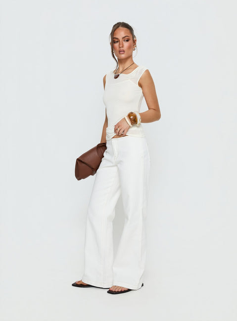 side view of model wearing Princess Polly Buenos No Waist Low Rise Straight Leg Jeans White Mid Rise Jeans 