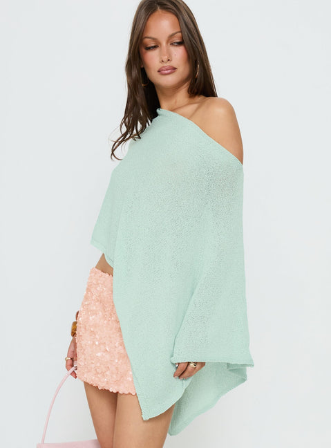 Featuring the Rouse Off Shoulder Knit Poncho Jelly Mint womens jumpers with long length side view of model wearing Princess Polly