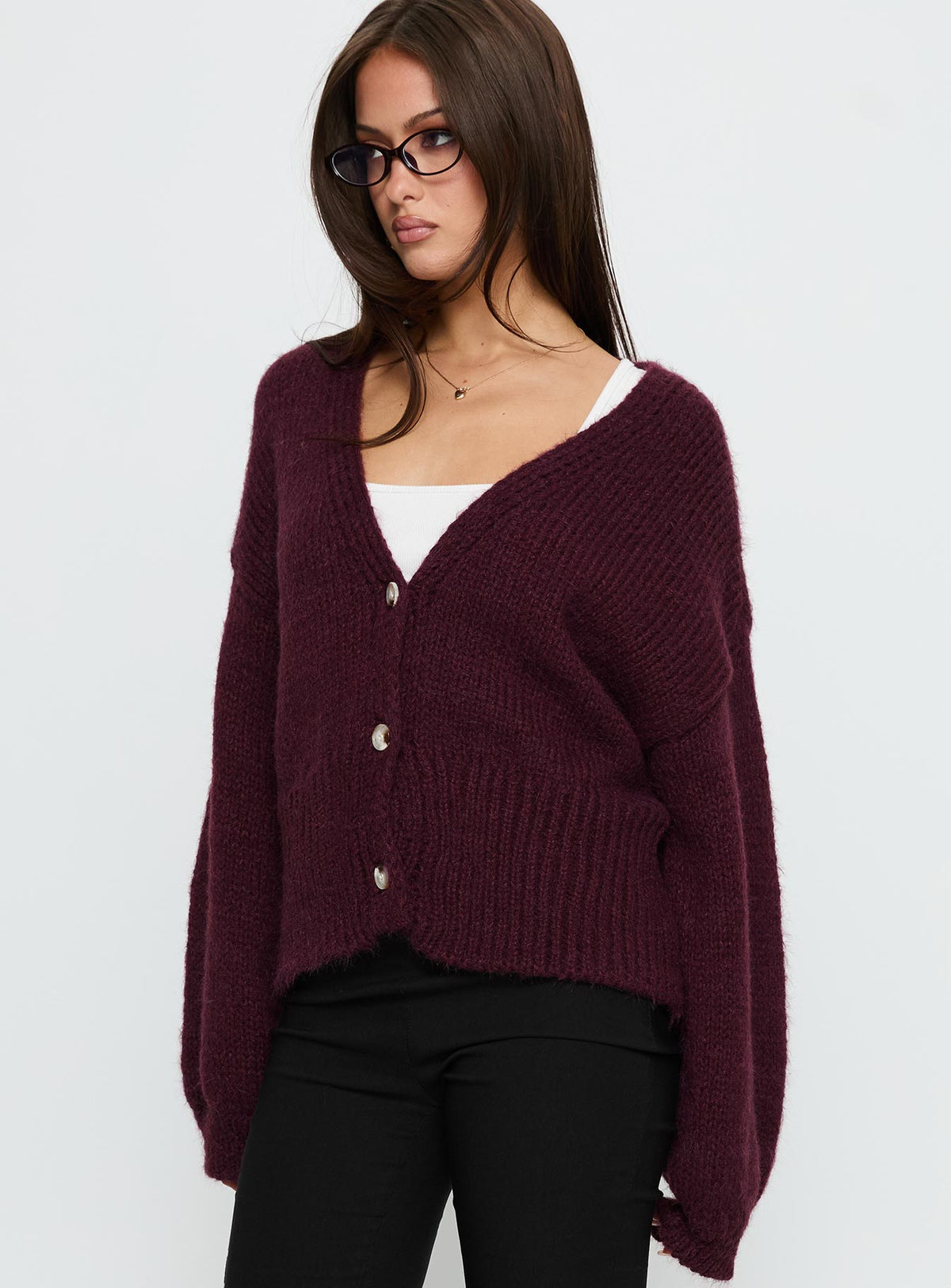 side view of model wearing Princess Polly Yasmyn Knit Cardigan Burgundy Longline Jumpers 