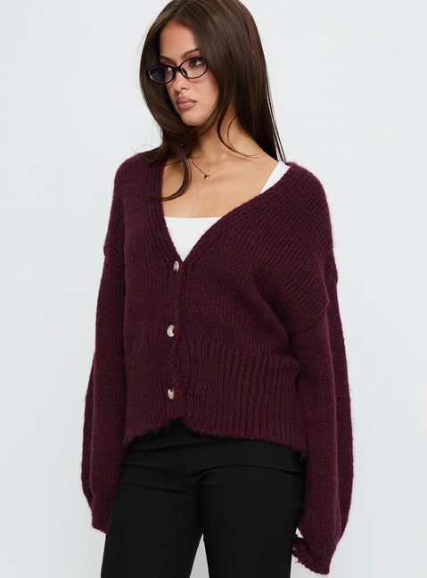 side view of model wearing Princess Polly Yasmyn Knit Cardigan Burgundy Longline Jumpers 