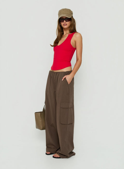 Designed with the Lunea Concealed Waistband Cargo Pants Brown in womens-regular-pants featuring high-rise side view of model wearing Princess Polly