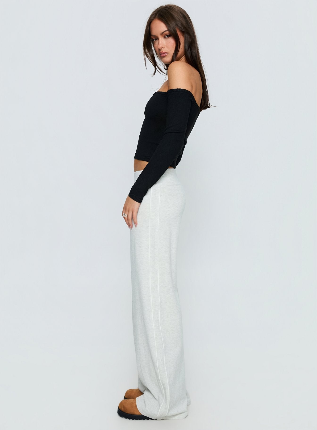 side view of model wearing Princess Polly Ascenda Straight Leg Track Pant Grey Marle Mid Rise Pants 