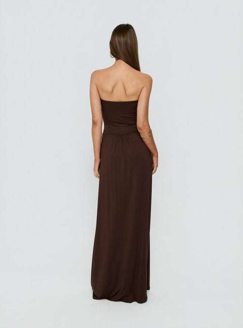 Ophal Strapless Drop Waist Maxi Dress Brown