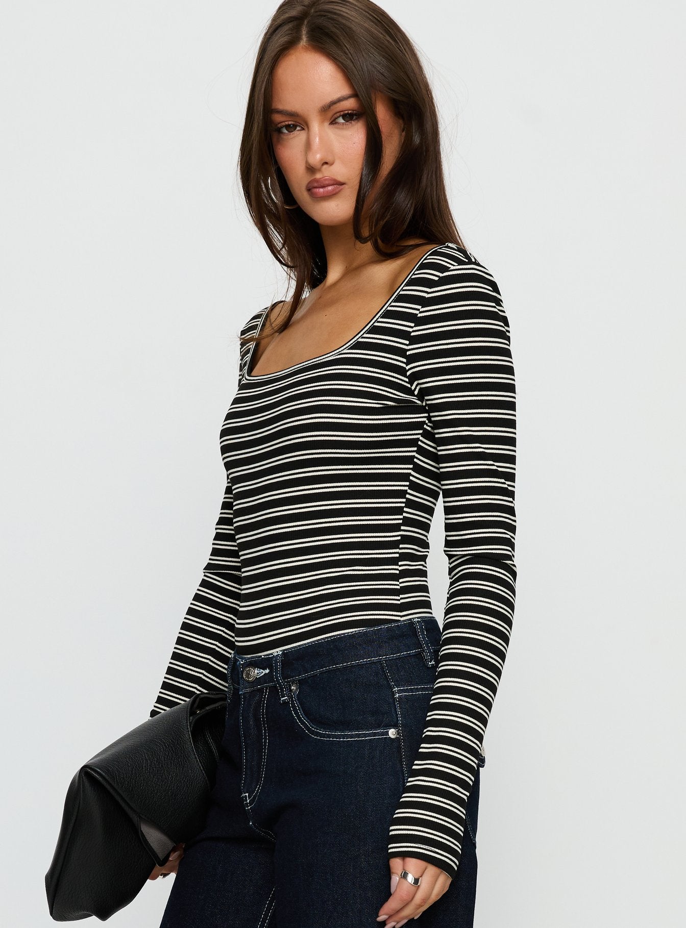 side view of model wearing Princess Polly Donica Square Neck Long Sleeve Bodysuit Grey Stripe Long Sleeve Tops 