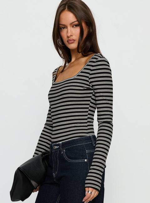 side view of model wearing Princess Polly Donica Square Neck Long Sleeve Bodysuit Grey Stripe Long Sleeve Tops 