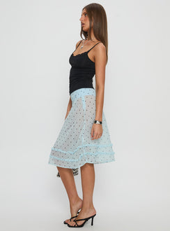   side view of model wearing Princess Polly Lyza Sheer Midi Skirt Blue Polka Midi Skirts Skirts 