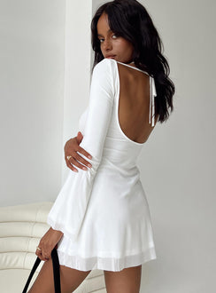 back view of model wearing Princess Polly Lukea Long Sleeve Mini Dress White Petite Boat Neck 