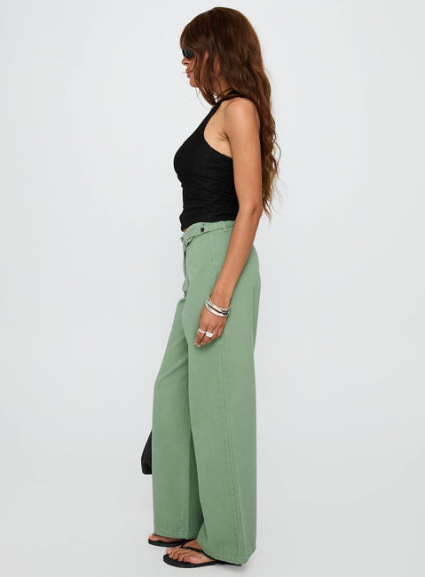 side view of model wearing Princess Polly Mercadi Mid Rise Straight Leg Cargo Jeans Green High Rise Jeans Jeans 
