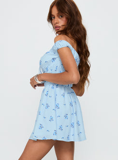 side view of model wearing Princess Polly These Are The Days Shirred Mini Dress Blue Multi Straight Neck 