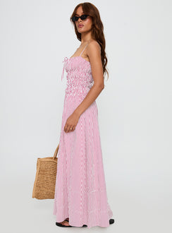 side view of model wearing Princess Polly Loralei Shirred Maxi Dress Red Stripe Square Neck 