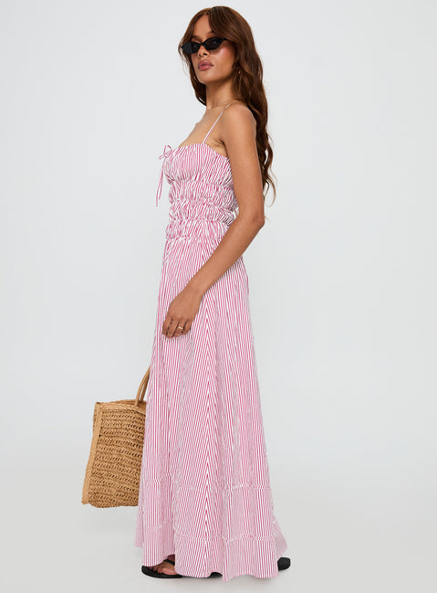 side view of model wearing Princess Polly Loralei Shirred Maxi Dress Red Stripe Square Neck 