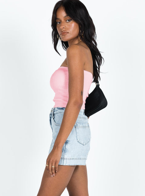 side view of model wearing Princess Polly Heuston Skort Denim High Waisted Shorts 